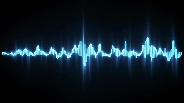 Glowing blue soundwave equalizer and audio waveform with luminous pulsing energy bars, smooth digital equalizer visualization