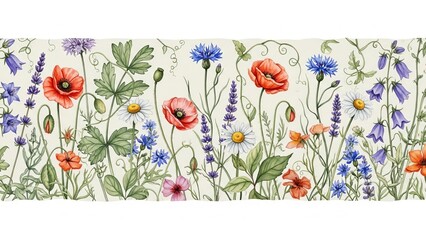 Vibrant flowers in full bloom, featuring poppies and delphiniums, in a lush garden scene from a close-up viewpoint