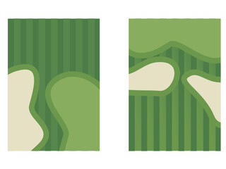 green gift box with ribbon. Golf poster design with golf course illustration. Golf course illustration with putting green and bunker sand traps. Golf background for poster, invitation, flyer © dieno production