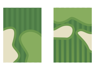 green gift box with ribbon. Golf poster design with golf course illustration. Golf course illustration with putting green and bunker sand traps. Golf background for poster, invitation, flyer