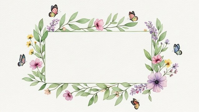 A watercolor illustration of a floral wreath with butterflies and flowers surrounding a blank rectangular frame
