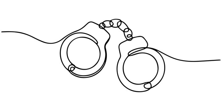 Handcuffs continuous one line drawing, one continuous line drawing handcuffs minimalist design vector illustration law theme object isolated on white background, Handcuffs in one continuous line draw