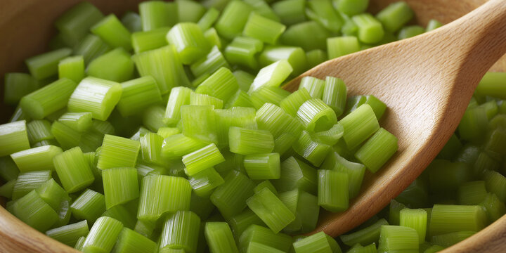 Diced crisp green celery pieces in a rustic wooden bowl with a wooden spoon, preparing a healthy meal ingredient