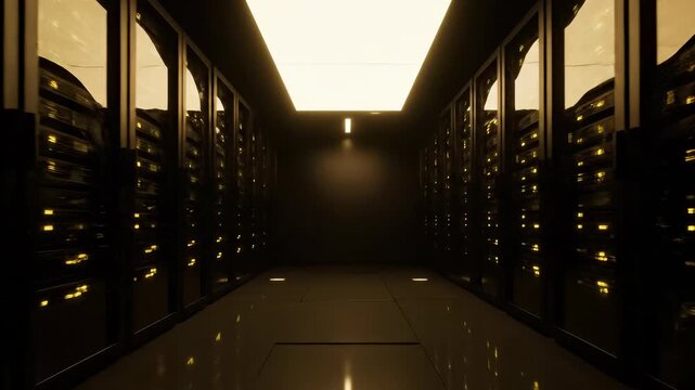 Futuristic data center with advanced servers. Rows of illuminated servers operate efficiently in modern facility. Bright lighting enhances technological atmosphere.