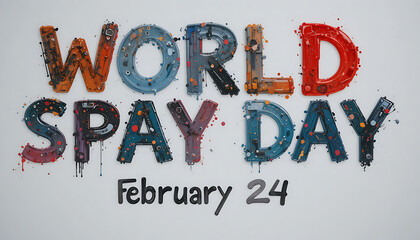 “WORLD SPAY DAY” title in multicolor letters with a casual “February 24”, HD and 4k image