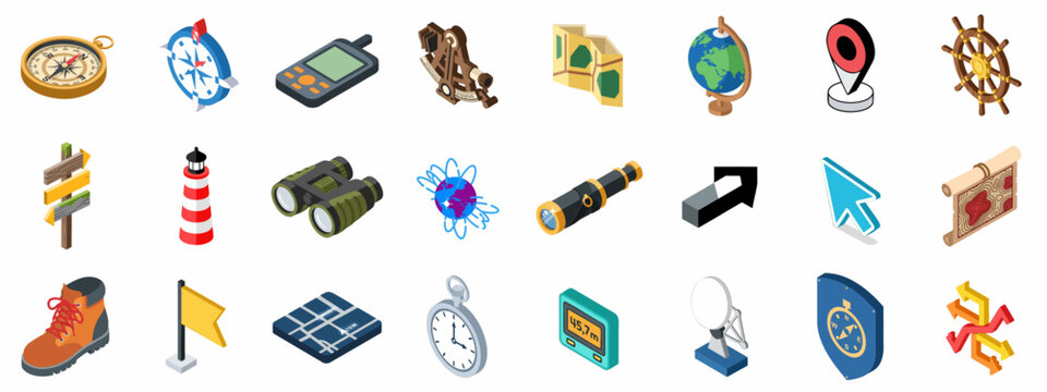 Isometric Navigation and Exploration Icon Set: Compasses, Maps, GPS, Travel Gear, and Directional Symbols on White Background.