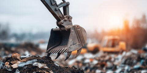 Industrial excavator bucket moving a heap of mixed garbage and trash outdoors, highlighting waste management and environmental concerns