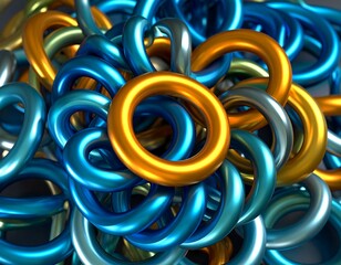Colorful, metallic loops intertwine and cluster, creating a vibrant and abstract composition