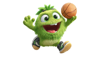 cute green furry monster playing basket ball with joyfull expression dynamic cartoon character detailed 3d illustration on white background