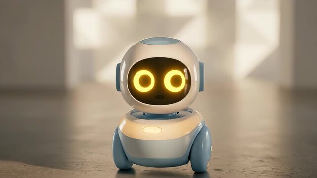 Cute animated robot with glowing yellow eyes awakens in softly lit room. Sequence shows small blue and white bot shifting poses from standing to sitting and facing forward, expressing curiosity and