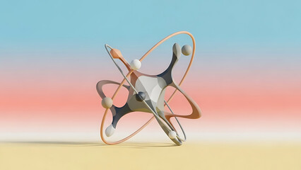 Atom model sculpture with orbiting electrons on pastel colored background representing scientific concept of atomic structure in a creative way