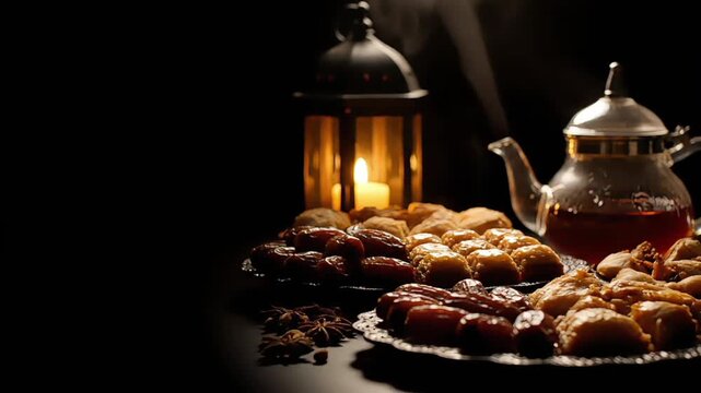 A traditional Ramadan iftar setup with a teapot, pastries, dates, and a lantern on a table in a dark room with warm lighting.