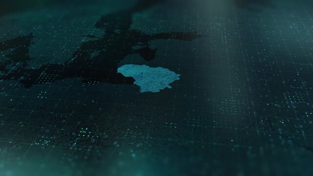 Lithuania digital map animation stock footage. Showing innovation in tech, technology AI sector.