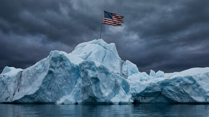 ice landscape with large icebergs under a cloudy sky, featuring an American flag atop a pole.