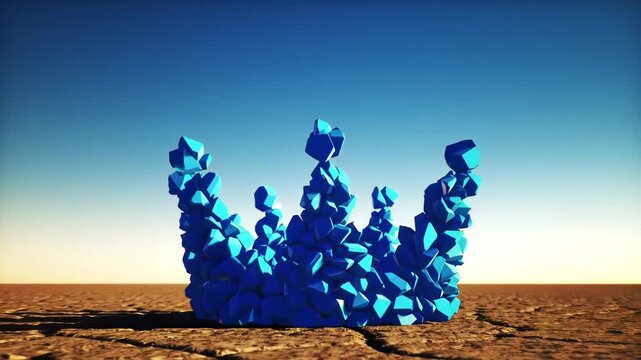 Blue crystal crown on cracked desert ground from side angle