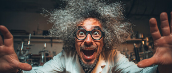 Obraz premium Ecstatic Eccentric Scientist Gesturing in a Dark Laboratory