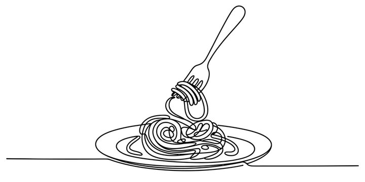 Continuous line art of spaghetti on a plate with a fork twirling noodles Vector, illustration