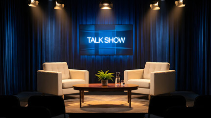 a modern, minimalist TV studio with blue curtains, a large screen displaying "TALK SHOW," two gray armchairs, a round wooden table, and a potted plant.
