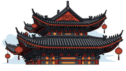 Fototapeta premium Traditional Asian Temple Architecture Illustration