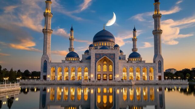 Majestic mosque with crescent moon above the domes at dusk
