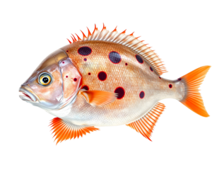 orange-spotted fish with black spots, a sharp dorsal fin, and a striking orange tail
