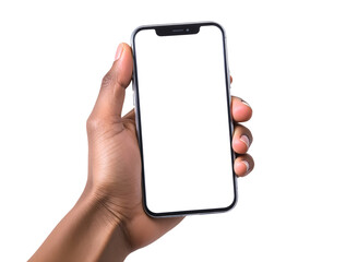  hand holding a black-framed smartphone with a blank white screen against a plain white background