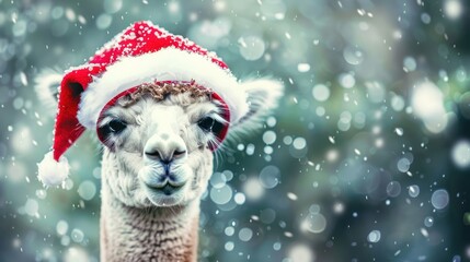 Obraz premium Llama Wearing Red Santa Hat Surrounded by Snowfall in Winter Scene