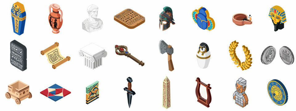 Ancient History Artifacts Isometric Icons Set: Collection of archaeological treasures, including Egyptian sarcophagi, Roman busts, Greek columns, and historical weapons.