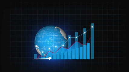 A 3D globe with a rising bar graph and fluctuating line charts on a grid background, planet earth, world sphere, global visualization, earth illustration, space science, navigation globe planet. - Powered by Adobe