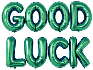  two rows of green metallic balloons spelling "GOOD LUCK" in uppercase letters. The balloons are shiny, reflective, and have a dark blue outline.