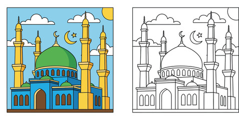 Mosque coloring page vector illustration. Islamic masjid building with green dome and minarets. Cartoon coloring book line art and colored version for Ramadan Kareem or Eid greeting card design. © MMONIR