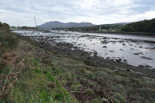 Narrow Water Bridge construction site and Newry River estuary landscape in County Down Northern Ireland