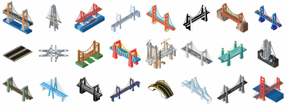 Diverse set of isometric bridge icons and infrastructure elements, illustrating various construction types, engineering, and transport systems.