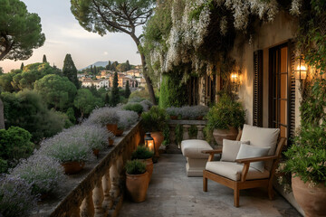 Naklejka premium Mediterranean terrace at sunset with lavender in terracotta pots comfortable wooden armchair and scenic view of a French provincial village.