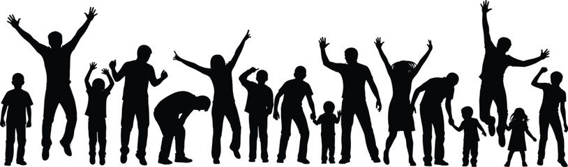 Obraz premium Black silhouette of a large group of diverse people jumping and celebrating together isolated on white background for success joy and community concept