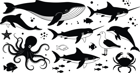 Marine Life Silhouette Collection Featuring Whale Shark Dolphin Octopus and Crab Icons for Nautical Nature Design Ocean Animal Vector Set for Aquatic Sea Graphics © Monjurul