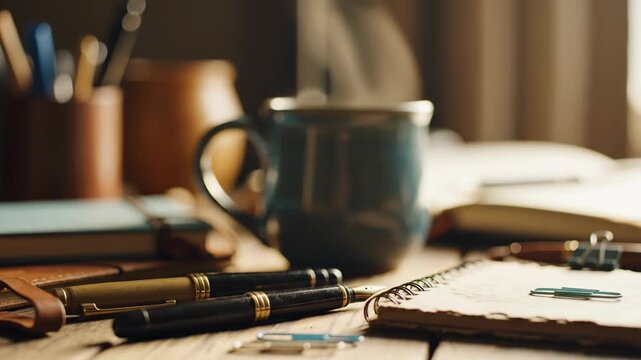 A morning writing scene with coffee pen and notebook on the desk