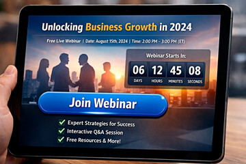 A hand holding a tablet with a webinar advertisement on the screen for business growth.