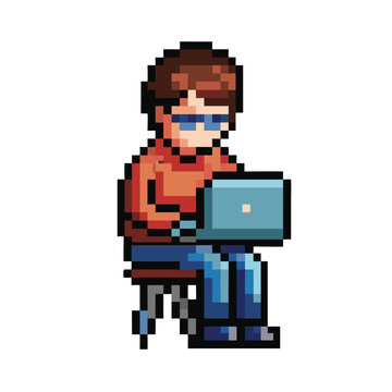 Pixel Art Character Working on Laptop Computer Game Asset