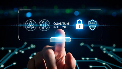 A hand interacting with a quantum internet interface for secure online connections