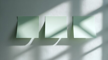 Three green sticky notes on a textured wall, illuminated by soft shadows, create a minimalistic and organized atmosphere.