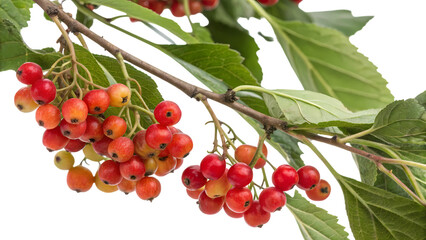 Fototapeta premium Ripe Grumichama Berries on Branch, Isolated Red Fruits with Green Leaves, Fresh Organic Produce