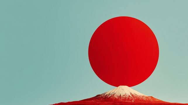 Shogatsu, Stylized mount fuji with bold red sun representing shogatsu japanese new year