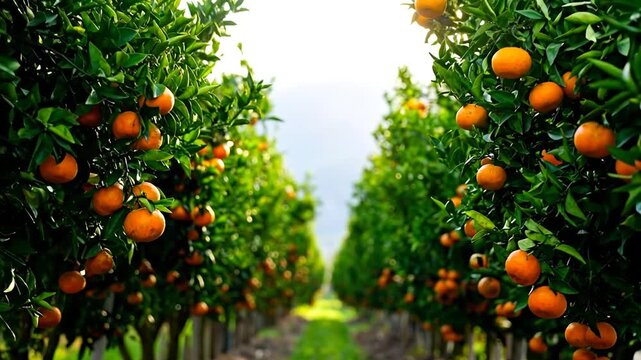 Rows of orange trees laden with fruit, basking in sunlight. Forested backdrop hints at a hillside