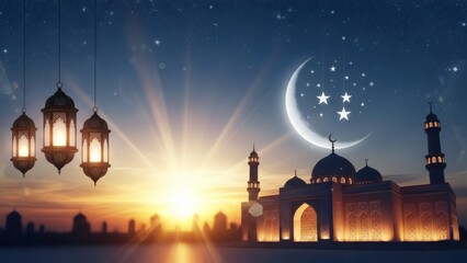 Ramadhan islamic background with mosque and lantern decoration