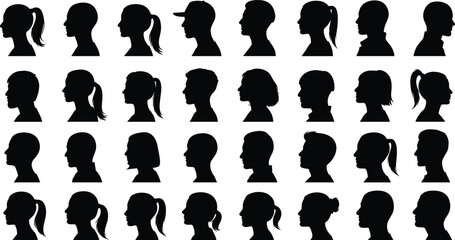 Human profile silhouette collection, diverse male female head side view avatars, minimal black shapes for identity, team, crowd, design concept