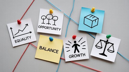 Sticky notes pinned on a surface illustrate interconnected concepts of equality balance opportunity growth and justice.