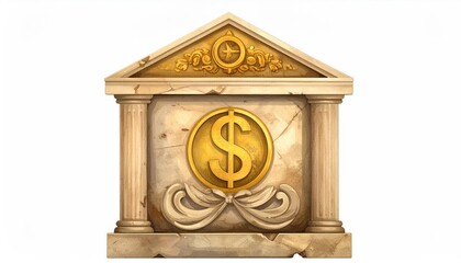 Fototapeta premium A symbolic illustration of a bank with a golden dollar sign in the center, representing financial institutions and transactions