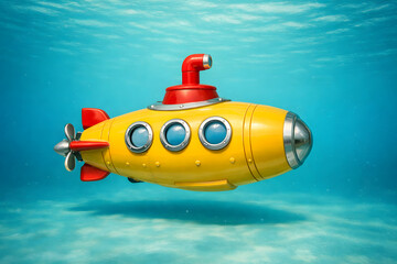 Cheerful yellow submarine with red accents underwater