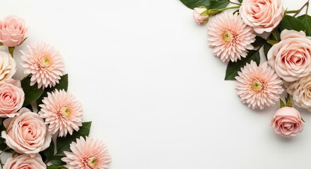 A beautiful arrangement of pink roses and dahlia flowers on a white background.